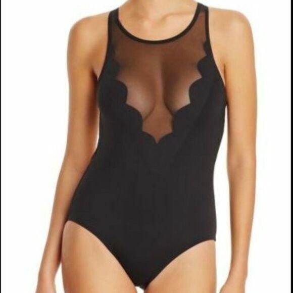 Vince Camuto Scalloped Mesh Inset Cut-Out Back One-Piece Swimsuit - Picture 2 of 12